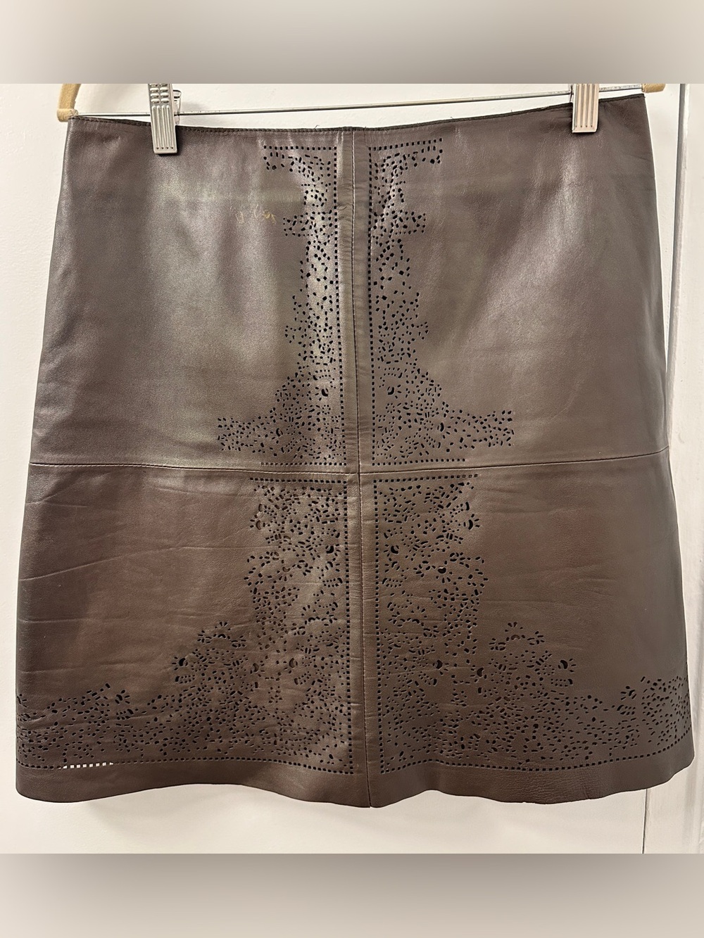 Etcetera Dark Brown Buttersoft Lambskin Hand Perforated Pattern Leather Skirt
